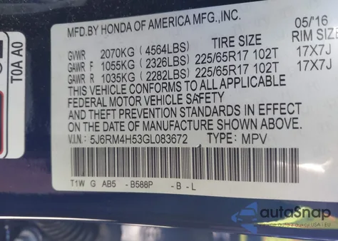 2016 Honda Cr-V Ex из США, поврежденный, VIN 5J6RM4H53GL083672